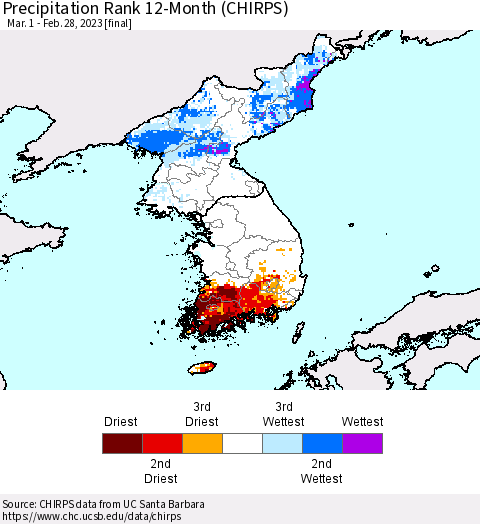 Korea Precipitation Rank since 1981, 12-Month (CHIRPS) Thematic Map For 3/1/2022 - 2/28/2023