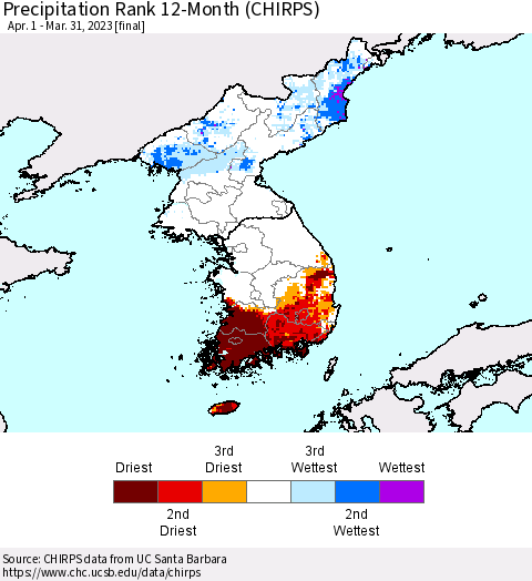 Korea Precipitation Rank since 1981, 12-Month (CHIRPS) Thematic Map For 4/1/2022 - 3/31/2023