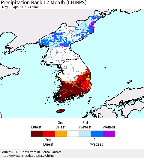 Korea Precipitation Rank since 1981, 12-Month (CHIRPS) Thematic Map For 5/1/2022 - 4/30/2023