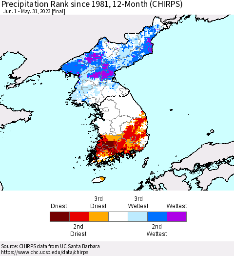 Korea Precipitation Rank since 1981, 12-Month (CHIRPS) Thematic Map For 6/1/2022 - 5/31/2023