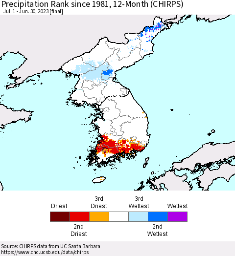 Korea Precipitation Rank since 1981, 12-Month (CHIRPS) Thematic Map For 7/1/2022 - 6/30/2023