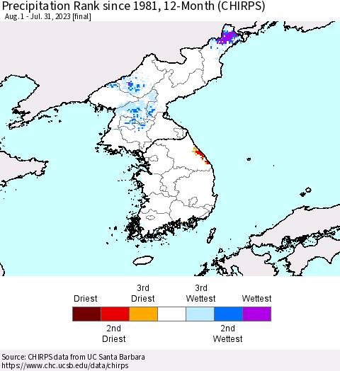 Korea Precipitation Rank since 1981, 12-Month (CHIRPS) Thematic Map For 8/1/2022 - 7/31/2023