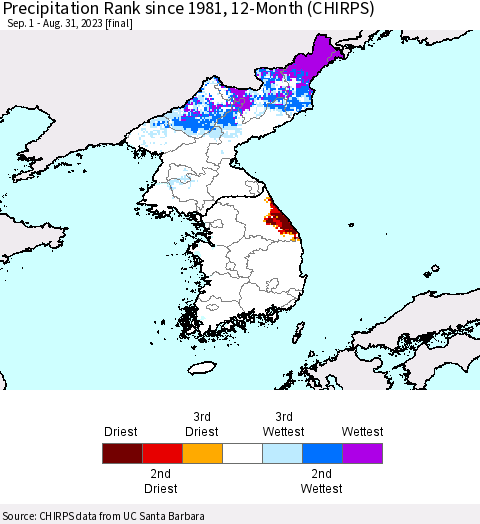 Korea Precipitation Rank since 1981, 12-Month (CHIRPS) Thematic Map For 9/1/2022 - 8/31/2023