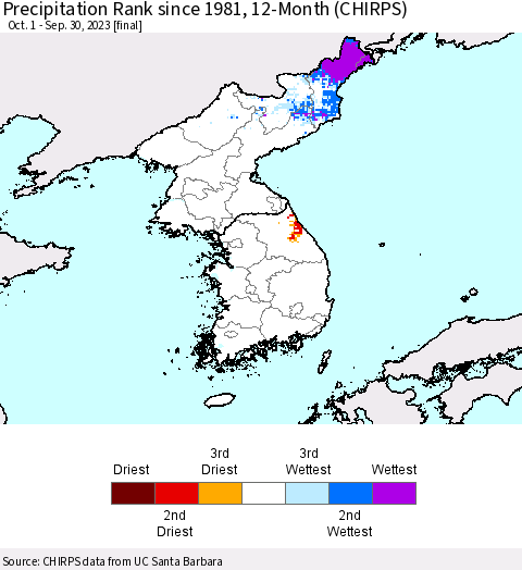Korea Precipitation Rank since 1981, 12-Month (CHIRPS) Thematic Map For 10/1/2022 - 9/30/2023