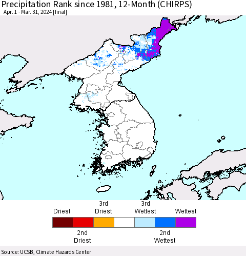 Korea Precipitation Rank since 1981, 12-Month (CHIRPS) Thematic Map For 4/1/2023 - 3/31/2024