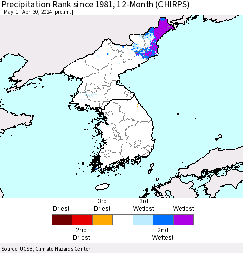 Korea Precipitation Rank since 1981, 12-Month (CHIRPS) Thematic Map For 5/1/2023 - 4/30/2024