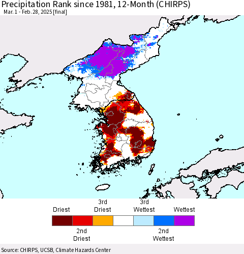 Korea Precipitation Rank since 1981, 12-Month (CHIRPS) Thematic Map For 3/1/2024 - 2/28/2025
