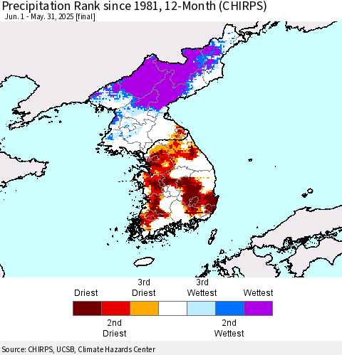 Korea Precipitation Rank since 1981, 12-Month (CHIRPS) Thematic Map For 6/1/2024 - 5/31/2025