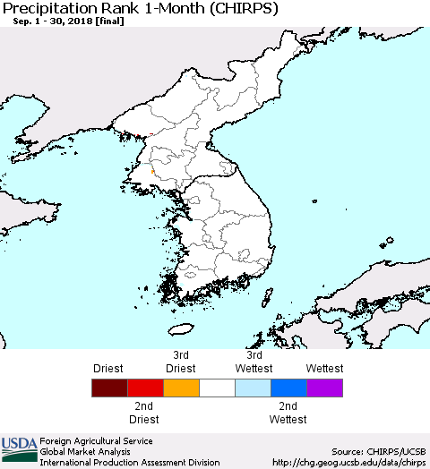 Korea Precipitation Rank since 1981, 1-Month (CHIRPS) Thematic Map For 9/1/2018 - 9/30/2018
