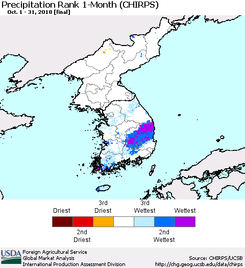 Korea Precipitation Rank since 1981, 1-Month (CHIRPS) Thematic Map For 10/1/2018 - 10/31/2018