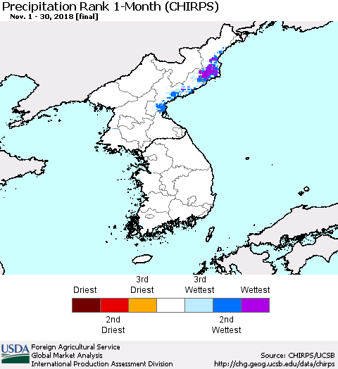 Korea Precipitation Rank since 1981, 1-Month (CHIRPS) Thematic Map For 11/1/2018 - 11/30/2018