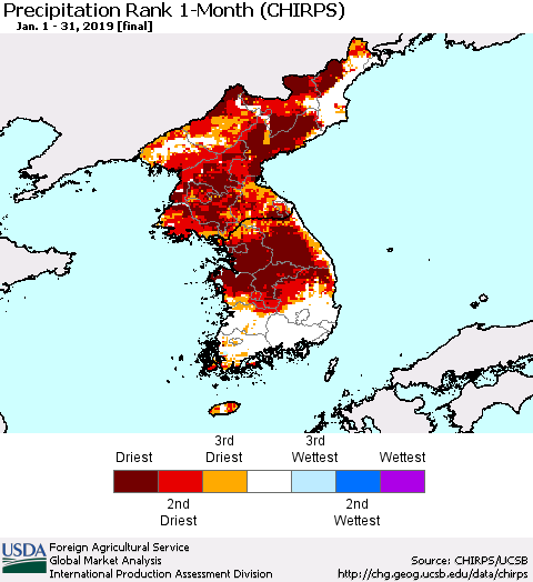 Korea Precipitation Rank since 1981, 1-Month (CHIRPS) Thematic Map For 1/1/2019 - 1/31/2019