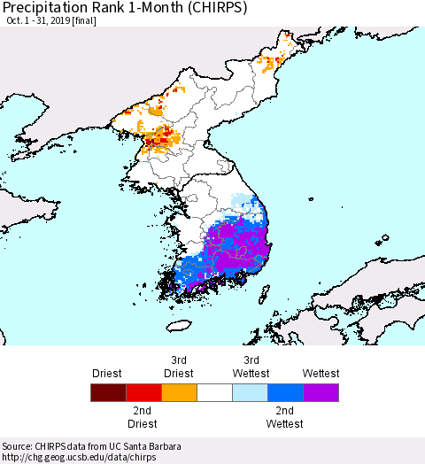 Korea Precipitation Rank since 1981, 1-Month (CHIRPS) Thematic Map For 10/1/2019 - 10/31/2019