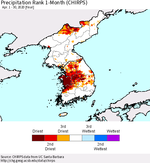 Korea Precipitation Rank since 1981, 1-Month (CHIRPS) Thematic Map For 4/1/2020 - 4/30/2020