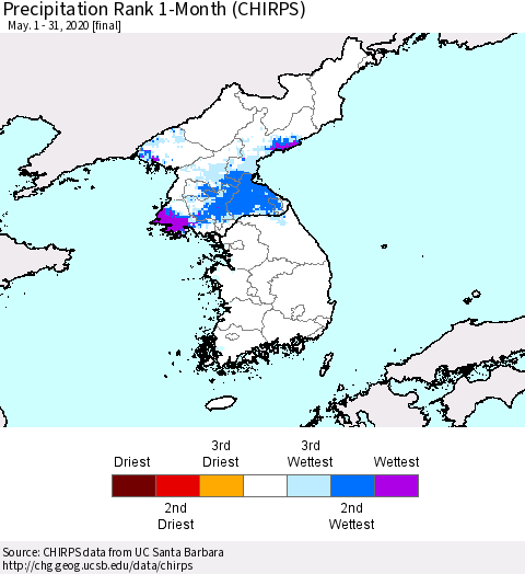 Korea Precipitation Rank 1-Month (CHIRPS) Thematic Map For 5/1/2020 - 5/31/2020
