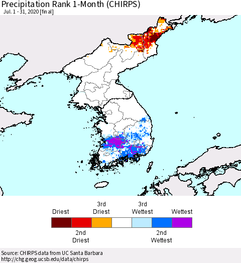 Korea Precipitation Rank 1-Month (CHIRPS) Thematic Map For 7/1/2020 - 7/31/2020