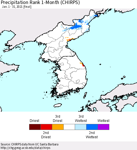 Korea Precipitation Rank 1-Month (CHIRPS) Thematic Map For 1/1/2021 - 1/31/2021