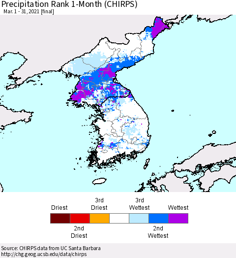 Korea Precipitation Rank 1-Month (CHIRPS) Thematic Map For 3/1/2021 - 3/31/2021