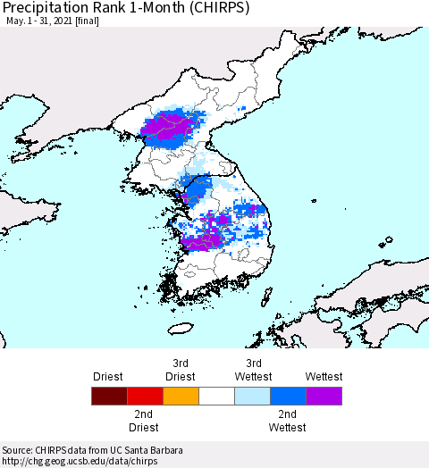 Korea Precipitation Rank 1-Month (CHIRPS) Thematic Map For 5/1/2021 - 5/31/2021