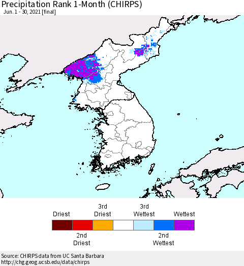Korea Precipitation Rank since 1981, 1-Month (CHIRPS) Thematic Map For 6/1/2021 - 6/30/2021