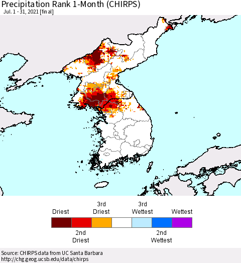 Korea Precipitation Rank since 1981, 1-Month (CHIRPS) Thematic Map For 7/1/2021 - 7/31/2021