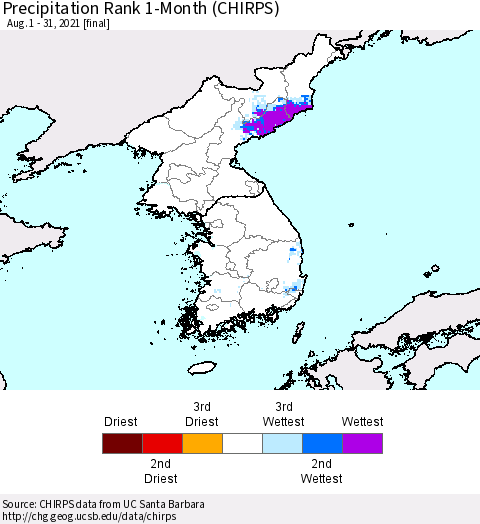 Korea Precipitation Rank since 1981, 1-Month (CHIRPS) Thematic Map For 8/1/2021 - 8/31/2021