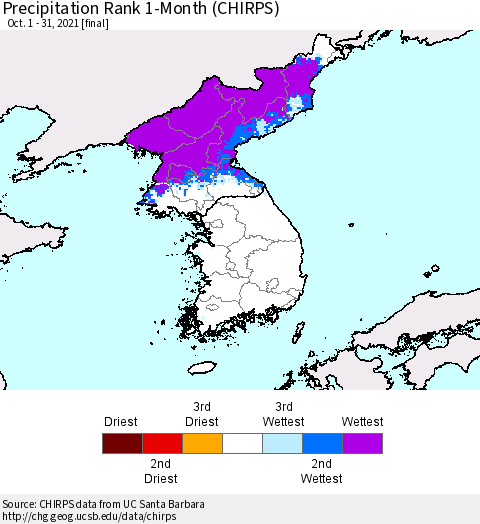 Korea Precipitation Rank since 1981, 1-Month (CHIRPS) Thematic Map For 10/1/2021 - 10/31/2021