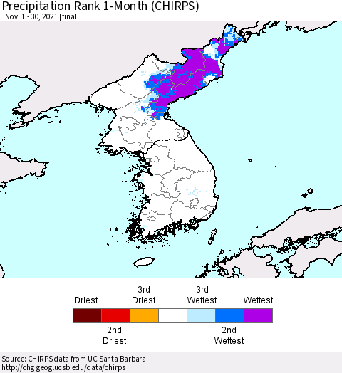 Korea Precipitation Rank since 1981, 1-Month (CHIRPS) Thematic Map For 11/1/2021 - 11/30/2021