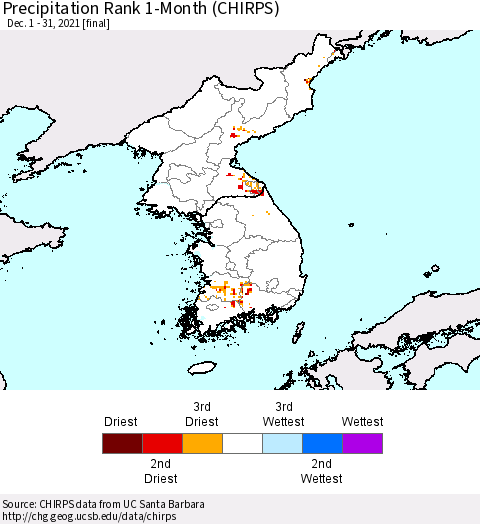 Korea Precipitation Rank since 1981, 1-Month (CHIRPS) Thematic Map For 12/1/2021 - 12/31/2021