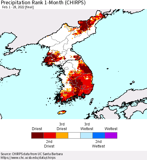 Korea Precipitation Rank since 1981, 1-Month (CHIRPS) Thematic Map For 2/1/2022 - 2/28/2022