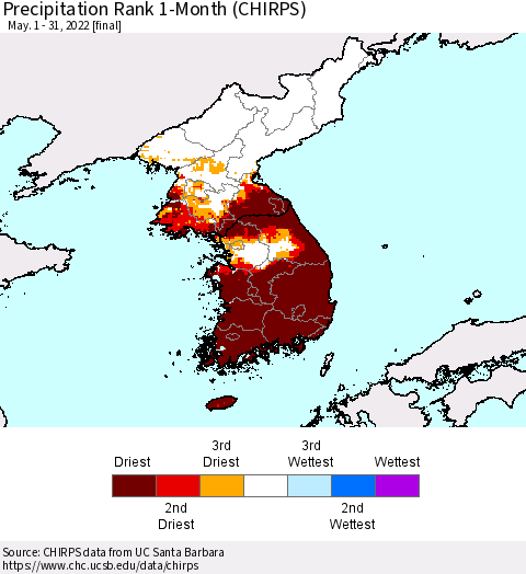 Korea Precipitation Rank since 1981, 1-Month (CHIRPS) Thematic Map For 5/1/2022 - 5/31/2022