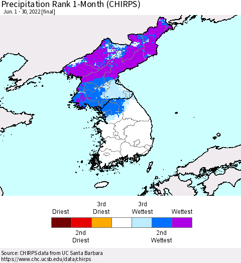 Korea Precipitation Rank since 1981, 1-Month (CHIRPS) Thematic Map For 6/1/2022 - 6/30/2022