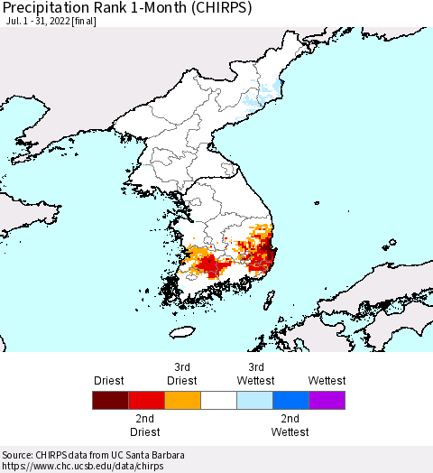 Korea Precipitation Rank since 1981, 1-Month (CHIRPS) Thematic Map For 7/1/2022 - 7/31/2022