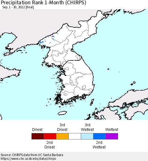 Korea Precipitation Rank 1-Month (CHIRPS) Thematic Map For 9/1/2022 - 9/30/2022