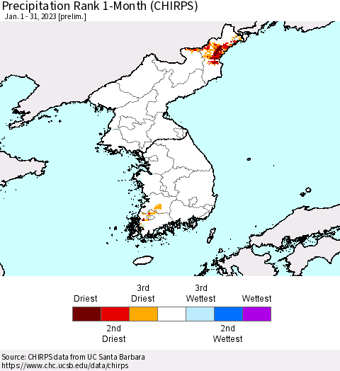 Korea Precipitation Rank 1-Month (CHIRPS) Thematic Map For 1/1/2023 - 1/31/2023