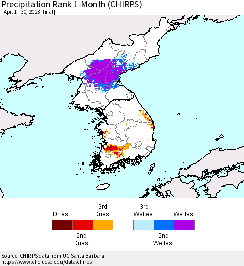Korea Precipitation Rank since 1981, 1-Month (CHIRPS) Thematic Map For 4/1/2023 - 4/30/2023
