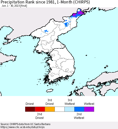 Korea Precipitation Rank since 1981, 1-Month (CHIRPS) Thematic Map For 6/1/2023 - 6/30/2023