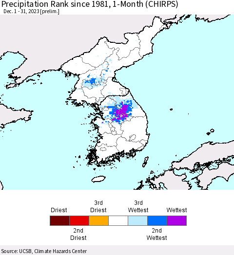 Korea Precipitation Rank since 1981, 1-Month (CHIRPS) Thematic Map For 12/1/2023 - 12/31/2023