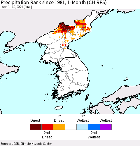 Korea Precipitation Rank since 1981, 1-Month (CHIRPS) Thematic Map For 4/1/2024 - 4/30/2024