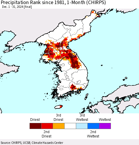 Korea Precipitation Rank since 1981, 1-Month (CHIRPS) Thematic Map For 12/1/2024 - 12/31/2024