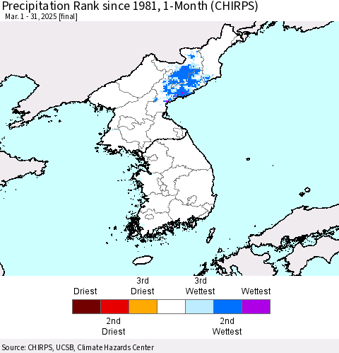 Korea Precipitation Rank since 1981, 1-Month (CHIRPS) Thematic Map For 3/1/2025 - 3/31/2025