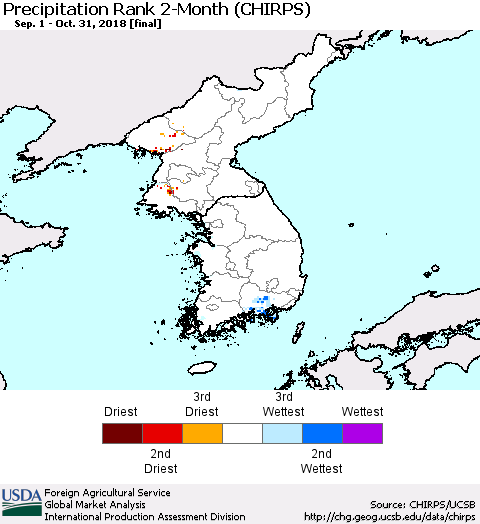 Korea Precipitation Rank since 1981, 2-Month (CHIRPS) Thematic Map For 9/1/2018 - 10/31/2018