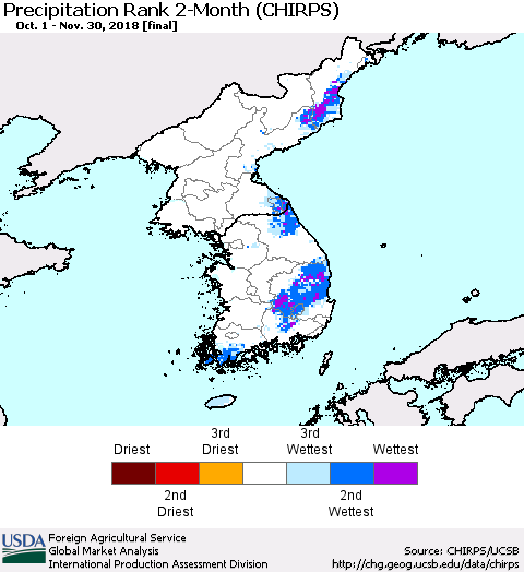 Korea Precipitation Rank since 1981, 2-Month (CHIRPS) Thematic Map For 10/1/2018 - 11/30/2018