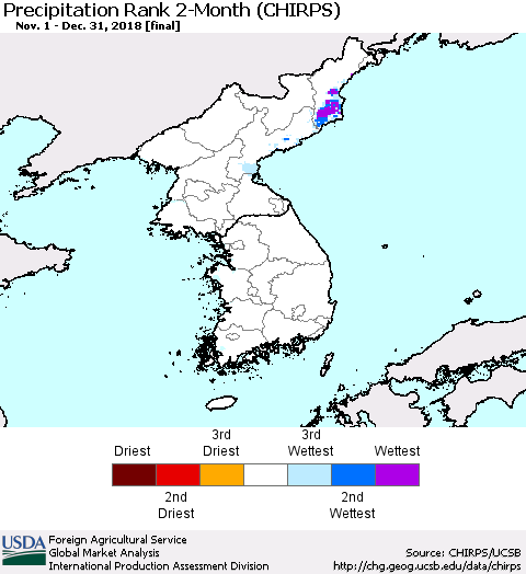 Korea Precipitation Rank since 1981, 2-Month (CHIRPS) Thematic Map For 11/1/2018 - 12/31/2018