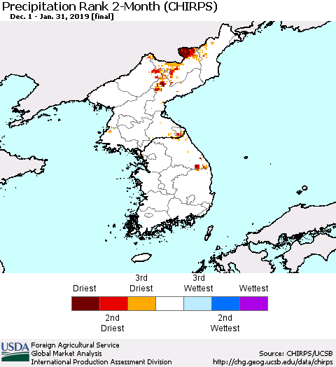 Korea Precipitation Rank since 1981, 2-Month (CHIRPS) Thematic Map For 12/1/2018 - 1/31/2019