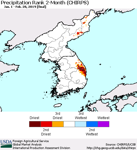 Korea Precipitation Rank since 1981, 2-Month (CHIRPS) Thematic Map For 1/1/2019 - 2/28/2019