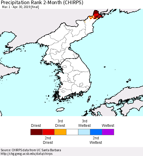 Korea Precipitation Rank since 1981, 2-Month (CHIRPS) Thematic Map For 3/1/2019 - 4/30/2019