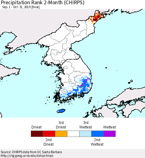 Korea Precipitation Rank 2-Month (CHIRPS) Thematic Map For 9/1/2019 - 10/31/2019