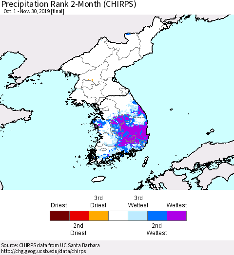 Korea Precipitation Rank since 1981, 2-Month (CHIRPS) Thematic Map For 10/1/2019 - 11/30/2019