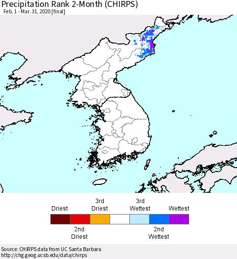 Korea Precipitation Rank 2-Month (CHIRPS) Thematic Map For 2/1/2020 - 3/31/2020